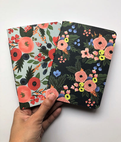 Orange peonies hand-bound notebooks on black and sage green--set of 2