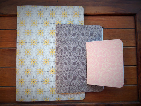 Hand-bound notebooks with pretty double-sided covers--set of 3 in various sizes