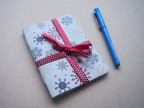 Pretty snowflakes handbound notebook set for a white Christmas--set of 2 in A6 size in light blue and white