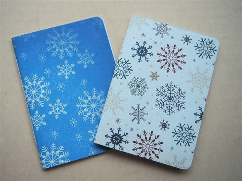 Pretty snowflakes handbound notebook set for a white Christmas--set of 2 in A6 size in light blue and white