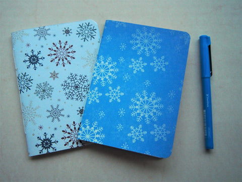 Pretty snowflakes handbound notebook set for a white Christmas--set of 2 in A6 size in light blue and white