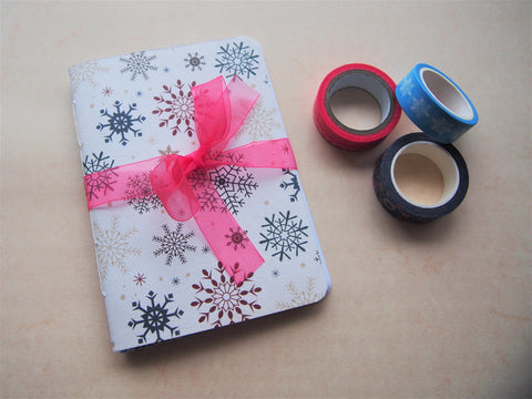 Pretty snowflakes handbound notebook set for a white Christmas--set of 2 in A6 size in light blue and white