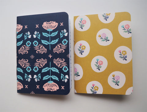 Nordic-style flowers on olive and dark blue--set of 2 notebooks for Christmas